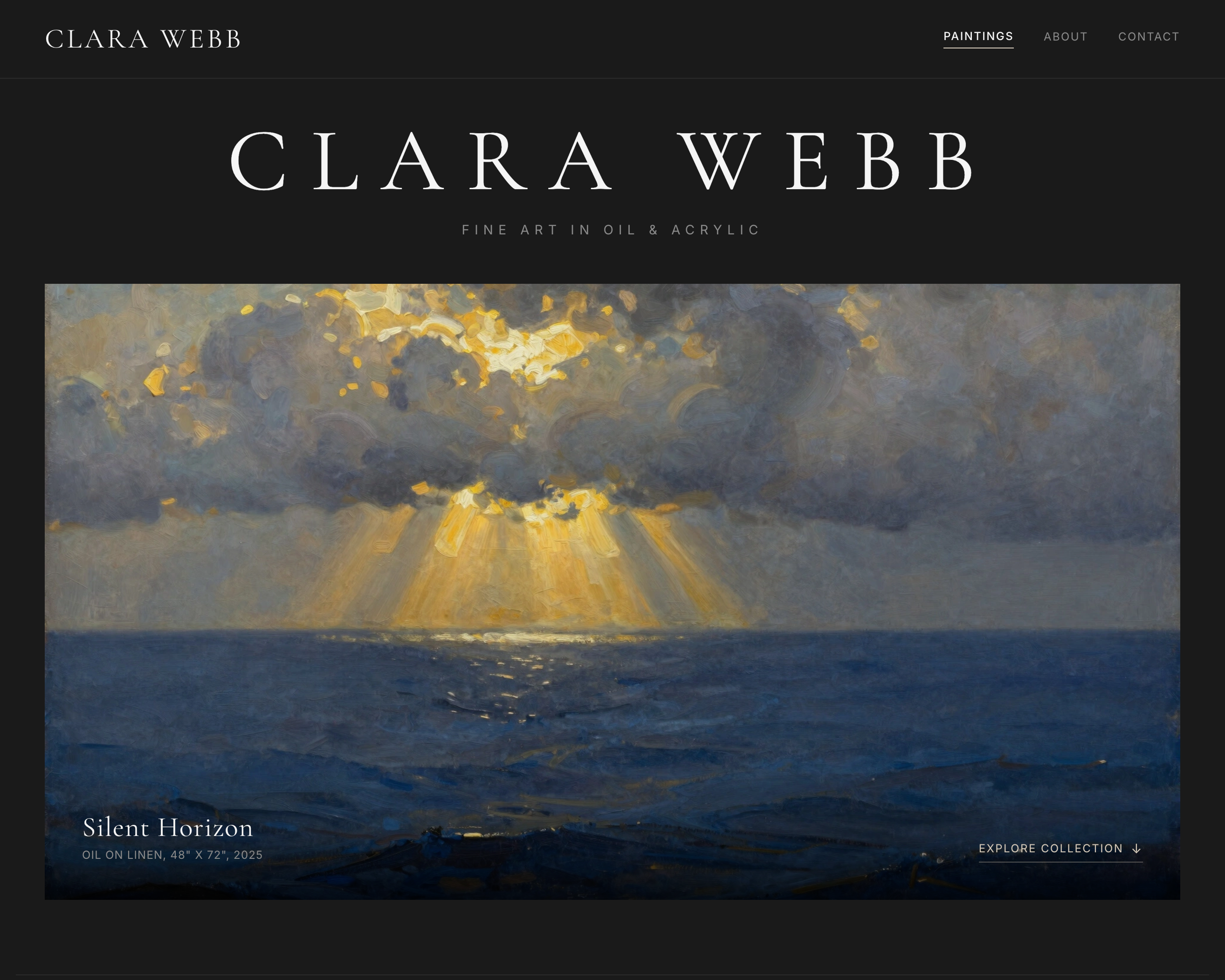 Minimalist painter portfolio website built with Wegic AI website builder featuring dark background and full-bleed artwork display