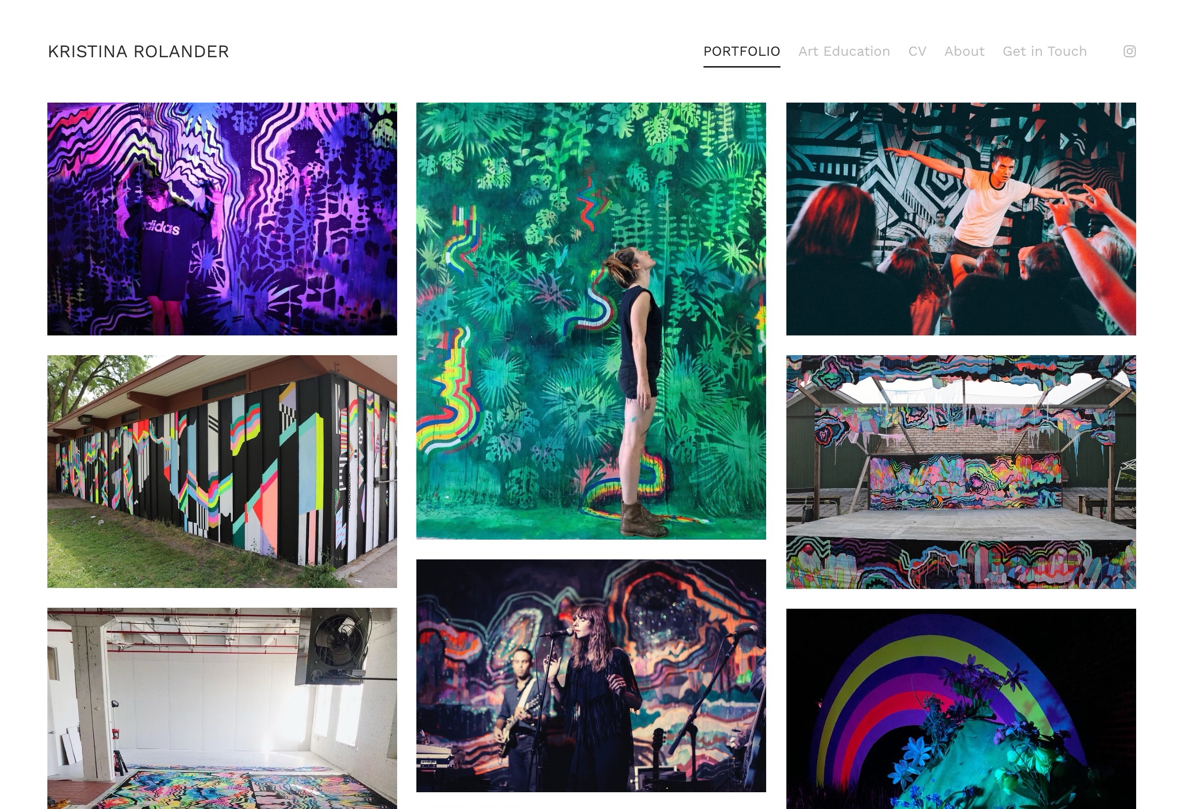 Kristina Rolander installation and mural artist portfolio website with masonry grid showing large-scale colorful public works
