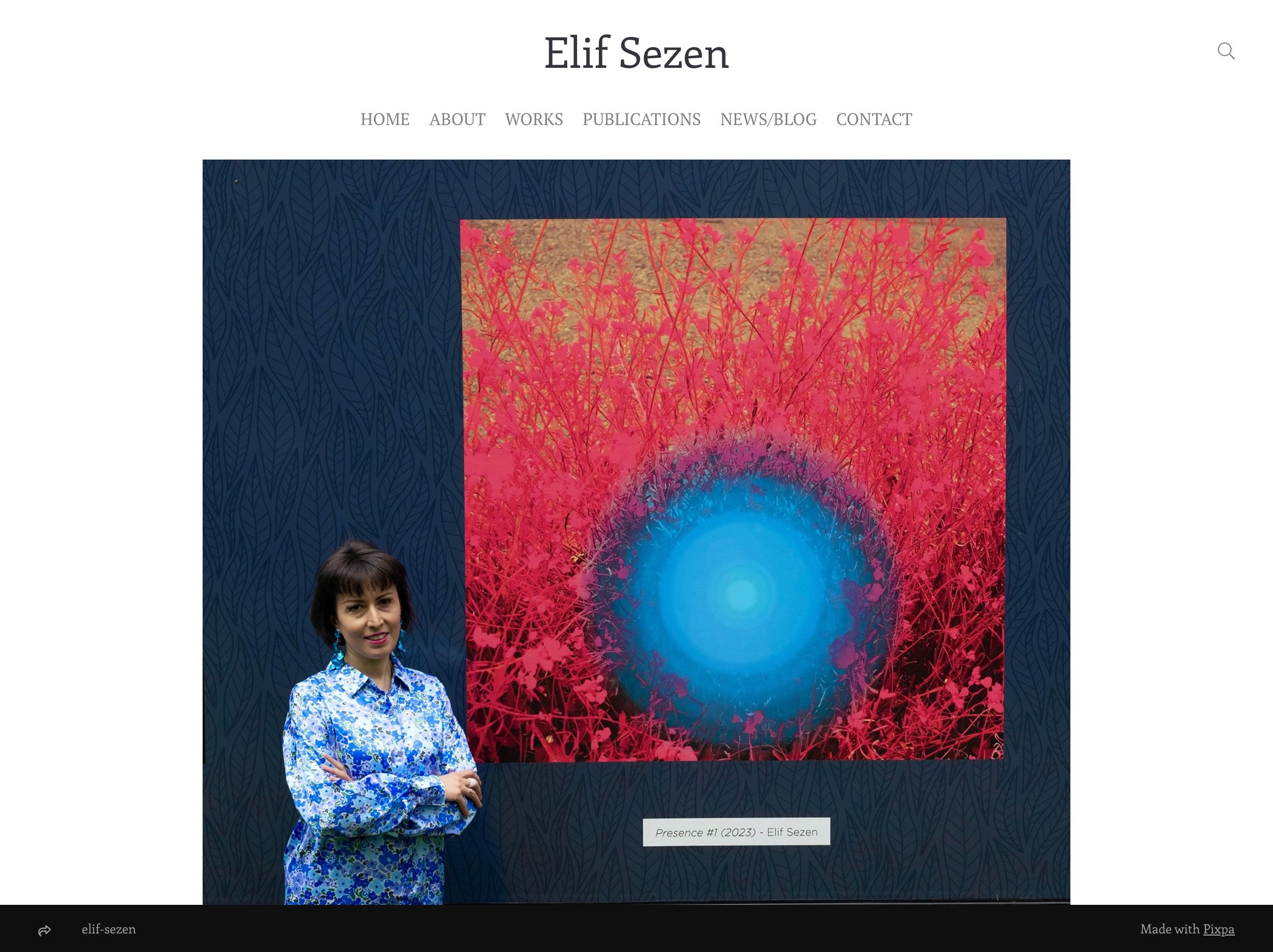 Elif Sezen artist portfolio website opening with a portrait photo, with work organized as curated online exhibition room
