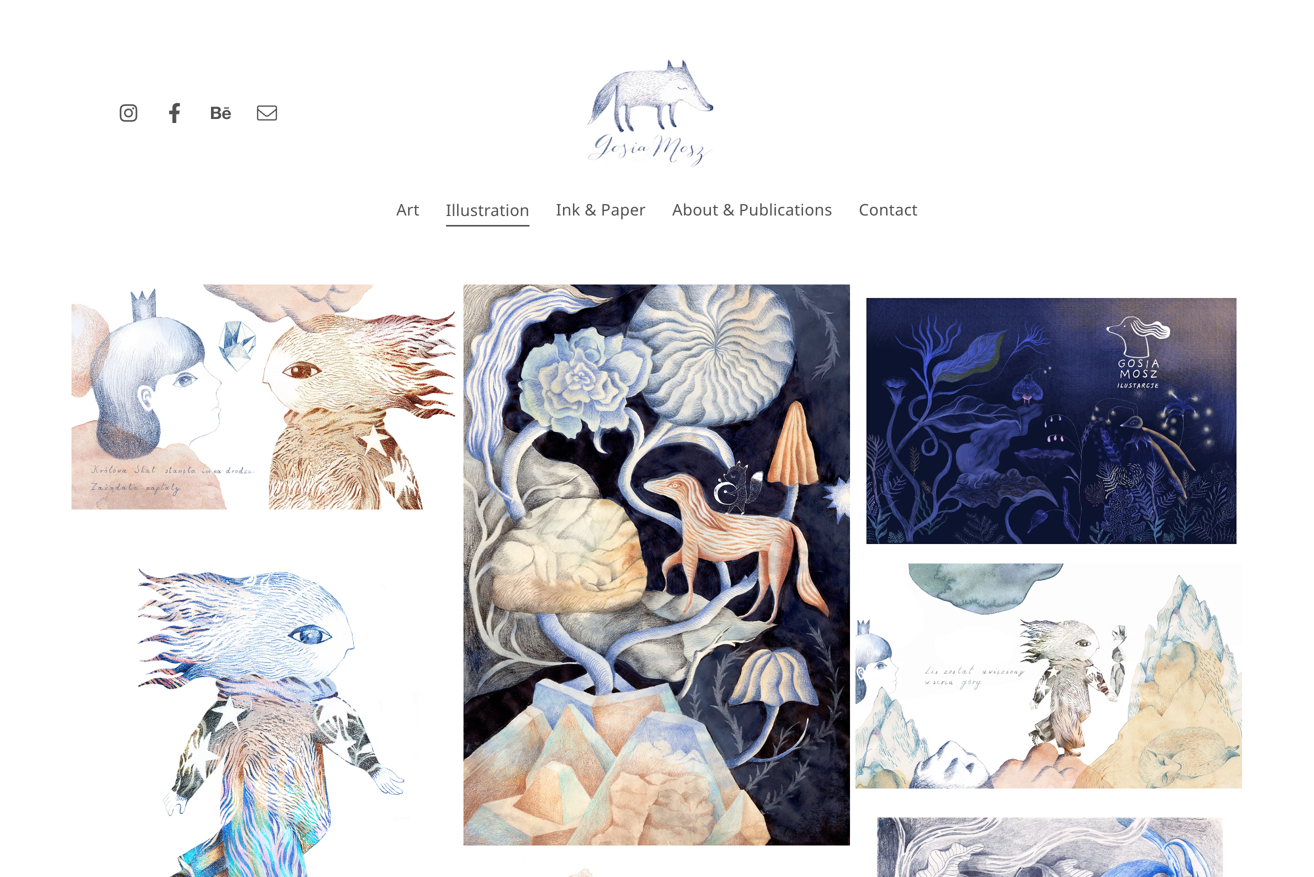 Gosia Mosz illustrator portfolio website homepage with clean grid of illustrations inviting comfortable browsing