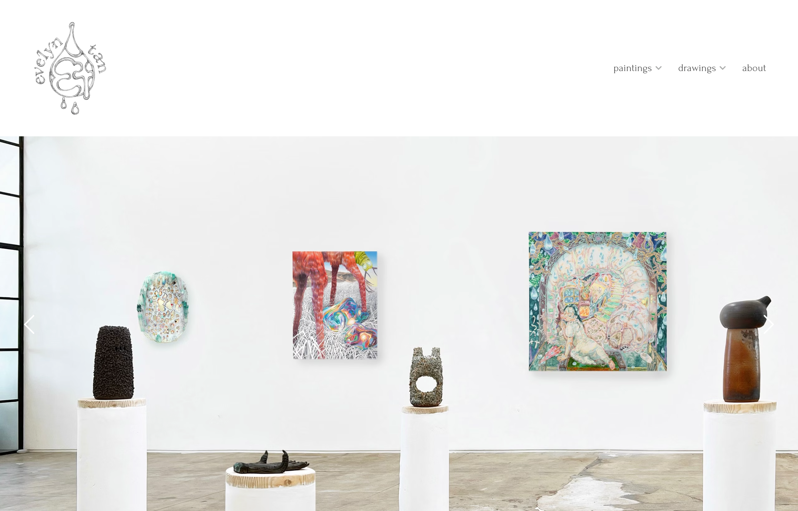Evelyn Tan digital illustrator portfolio website with staggered gallery grid and style-sorted navigation menu