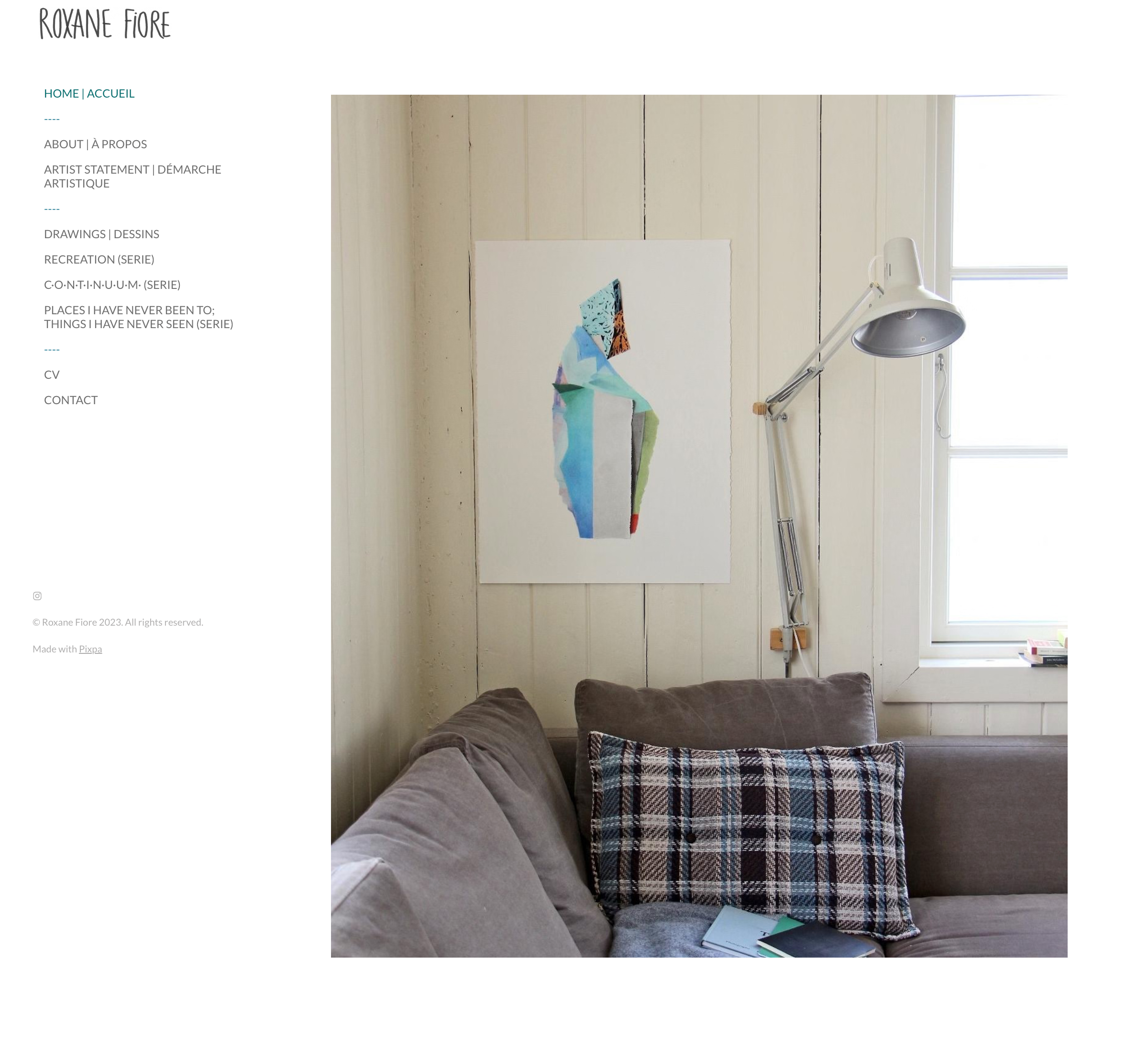 Roxane Fiore artist portfolio website with split layout showing artwork displayed in a real home environment above a sofa