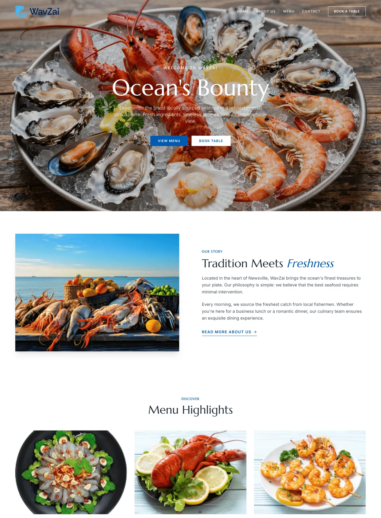ocean teal seafood restaurant booking website template web preview screenshot