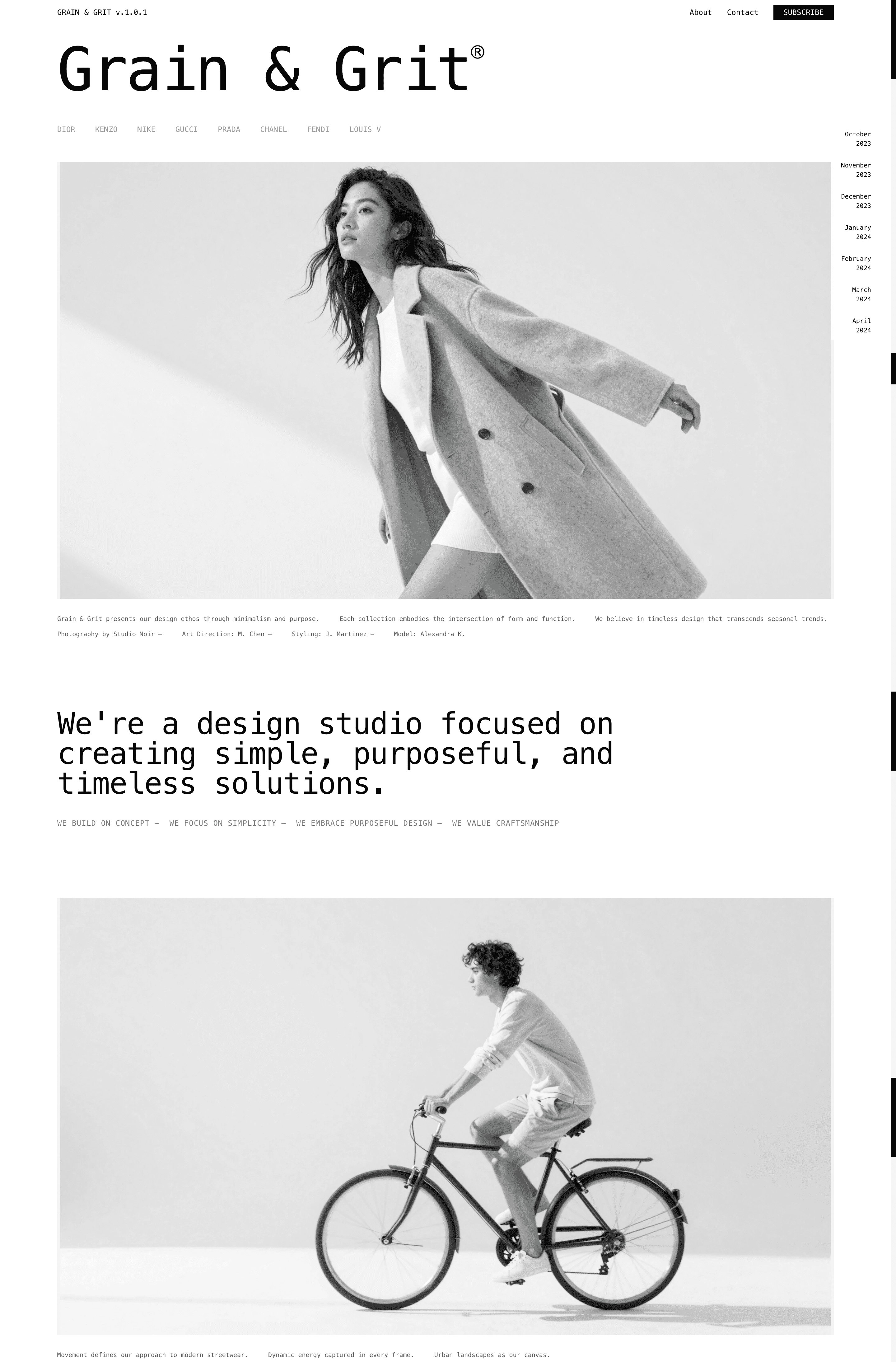 monochromatic minimalist apparel & studio website template web preview screenshot