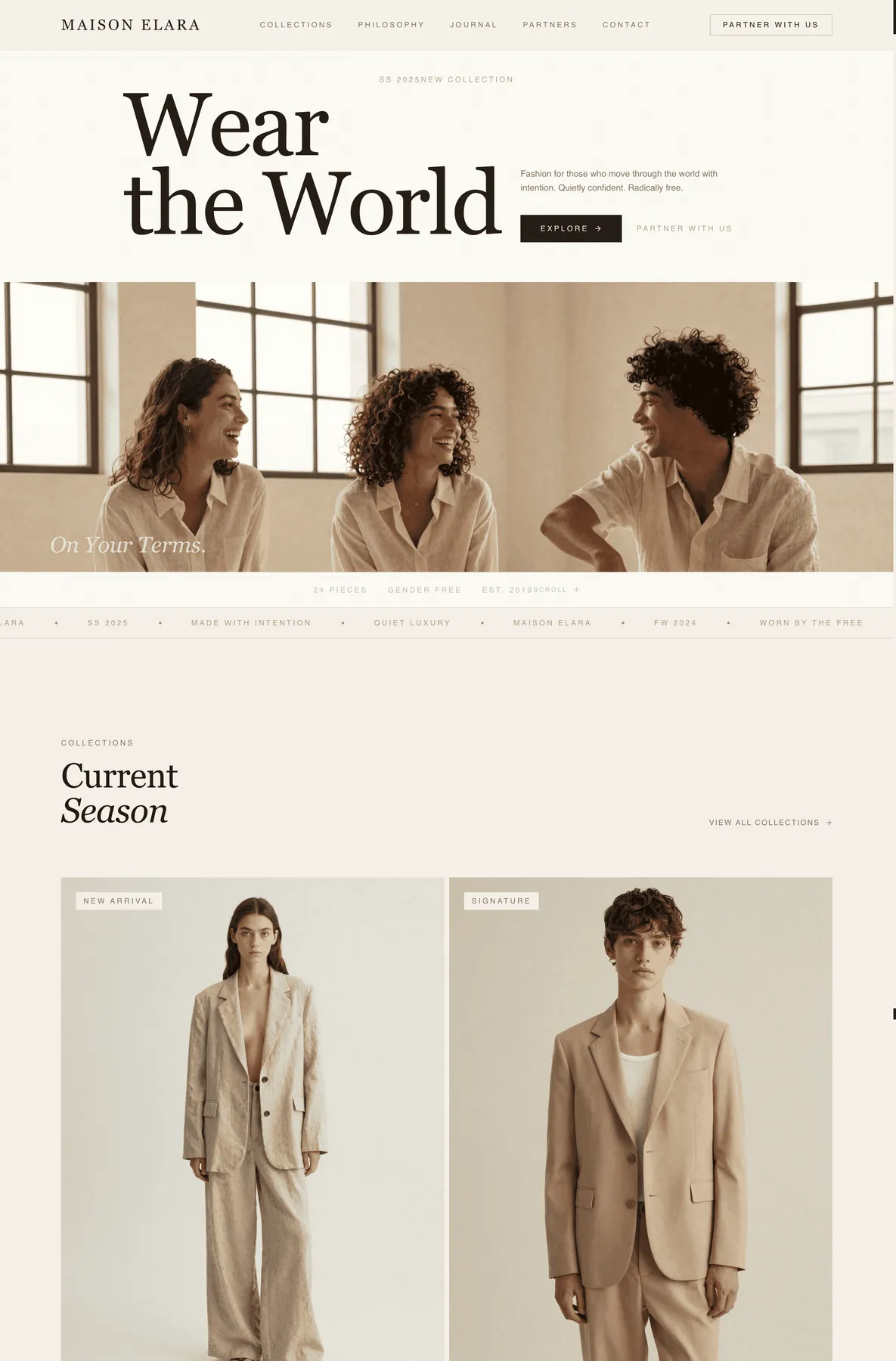 warm linen minimalist apparel & brand website template web preview screenshot